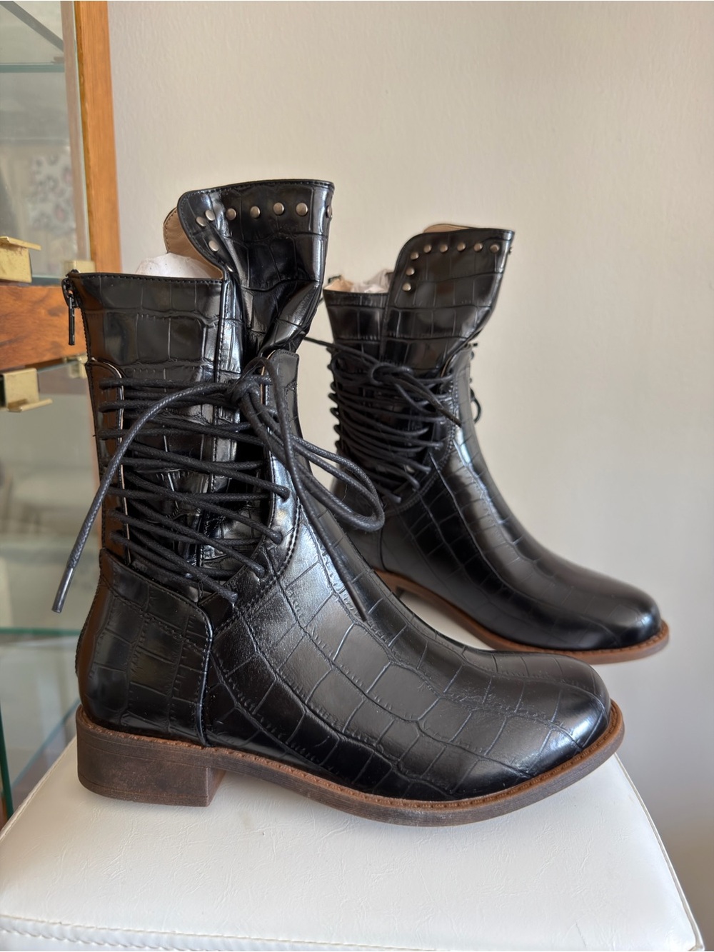 Black Croc-Embossed Lace-Up Ankle Boots